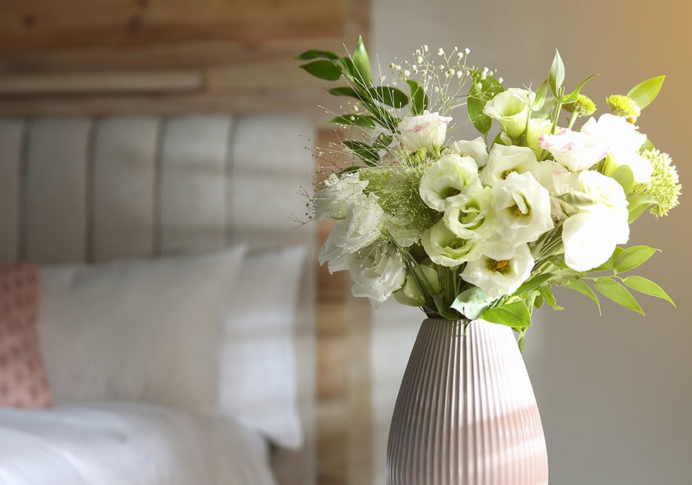 A cheerful bouquet of white flowers radiates beside a bedroom window